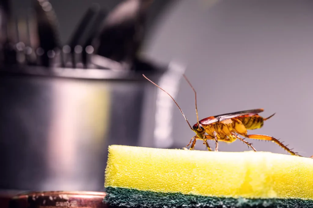 cafard sur une éponge dans une cuisine